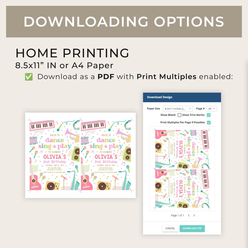 May include: A screenshot of a computer screen displaying a printable invitation design for a child's birthday party. The invitation features a colourful musical theme with musical instruments and the text "Join us to celebrate Olivia's 2nd Birthday". The screen also shows options for downloading the design as a PDF with print multiples enabled.