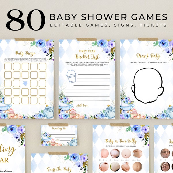 Tea Baby Shower Game Bundle, EDITABLE Whimsical Tea Party Pack, Baby is Brewing Template, Floral Gold and Blue Baby Sprinkle Signs, BS131