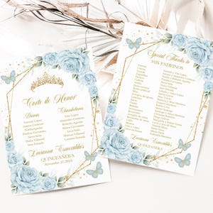 Baby Blau und Gold Quinceaña Mis Padrinos Liste, EDITIERBARE Corte de Honour 15.Geburtstagsvorlage, Mis Quince Anos, Instant Download, Q093
