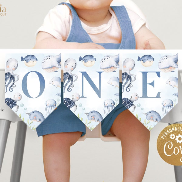 Under the Sea 1st Birthday High Chair Banner, Editable Sea Animal Banner Template, Nautical, Blue Boy Ocean First Birthday, Instant Download