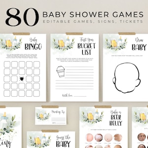 May include: A set of 80 printable baby shower games, signs, and tickets. The games feature a beer and baby bottle theme with a watercolour background. The games include "Baby Bingo", "First Year Bucket List", "Draw Baby", "Parenting Tips", "Guess the Baby", "Baby or Beer Belly", and "Labour or Love".