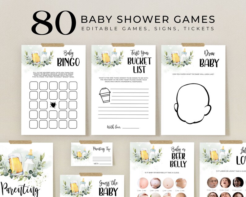 May include: A set of 80 printable baby shower games, signs, and tickets. The games feature a beer and baby bottle theme with a watercolour background. The games include "Baby Bingo", "First Year Bucket List", "Draw Baby", "Parenting Tips", "Guess the Baby", "Baby or Beer Belly", and "Labour or Love".