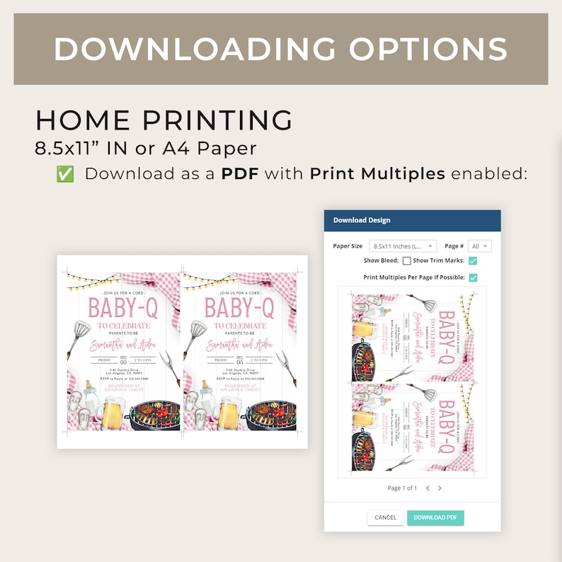 May include: A digital download for a baby shower invitation. The invitation features a pink and white checkered background with a grill, food, and a baby bottle. The text on the invitation reads "Baby-Q to Celebrate Evrithi and A" with a date and time. The invitation is available in 8.5x11 inches or A4 paper size.