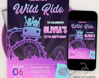 Amusement Park Birthday Invitation, EDITABLE Girls Theme Park Party Template, Neon Wild Ride Roller Coaster Invite, Instant Download, KP643