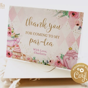 Té gracias por venir tarjeta tentfold, favor de par-té editable, plantilla de cumpleaños floral de té alto, té, rosa y oro, descarga instantánea, KP056