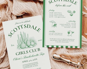 Scottsdale Vor dem Schleier Bachelorette Einladungs- und Reiseplanvorlage, bearbeitbare Wüste in Arizona Hen Party, Brautdusche auf letztem Weg, BC049
