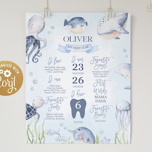 Plakat z okazji pierwszych urodzin Under The Sea, EDYTOWALNY szablon znaku urodzinowego, Pierwsze urodziny dziecka, Zwierzęta morskie, Natychmiastowe pobieranie, KP095