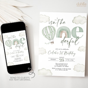 Convite de primeiro aniversário com balão de ar quente, convite para festa Onederful EDITÁVEL, cartão de aniversário Boho Green Clouds Rainbow, download instantâneo, KP282