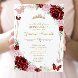 Blush Pink & Red Roses Quinceañera Invitation, EDITABLE Butterfly 15th Birthday Party Invite, Floral Mis Quince Anos, Instant Download, Q115