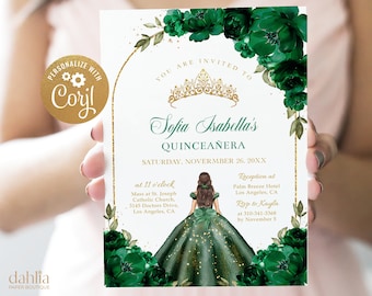 May include: Green and gold Quinceañera invitation with a floral border and a crown. The invitation includes the text "Sofia Isabella's Quinceañera" and the date "Saturday, November 26, 20XX".