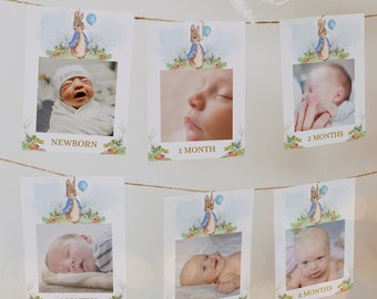 Plantilla de banner de fotos de cumpleaños de Peter Rabbit, tarjetas de hitos mensuales de primer año editables para bebés, guirnalda de fotos imprimible, descarga instantánea