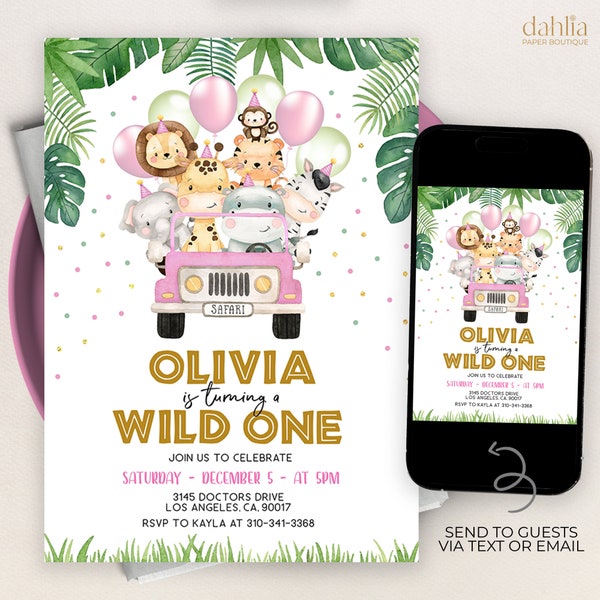 Wild One Birthday Girl Invitation, EDITABLE Safari Animals Party Invite Template, Jungle Safari Theme First Birthday, Instant Download KP084