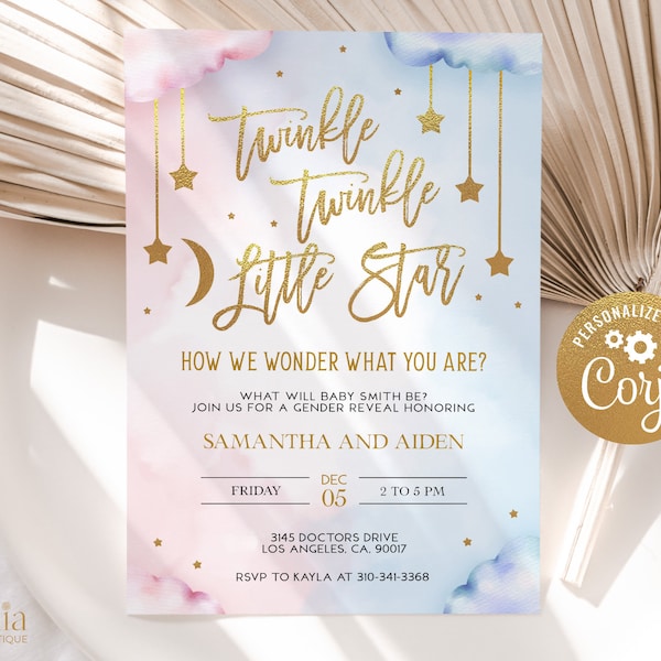 Twinkle Twinkle Little Star Gender Reveal Invitation, Gold Moon and Stars Gender Reveal Party Invite Template, He Or She, Boy Or Girl, GR008