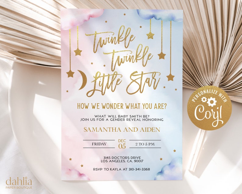 May include: A gender reveal party invitation with a watercolor background of pink and blue clouds. The text reads "Twinkle Twinkle Little Star" in gold script with stars and a crescent moon. The invitation includes the date, time, and location of the event, as well as the names of the parents-to-be, Samantha and Aiden.