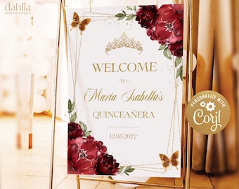 Signo de bienvenida de Quinceañera, Decoración de fiesta EDITABLE de Borgoña y Oro, Estandarte de Quinceañera Floral Rojo, Mis Quince Anos, Fiesta de Cumpleaños 15, Q013