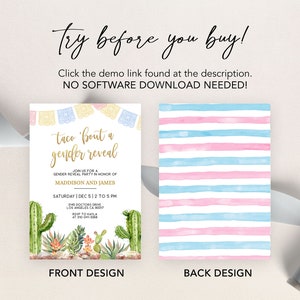 May include: A gender reveal party invitation with a cactus and succulent theme. The invitation features a colorful banner with the text "taco 'bout a gender reveal".