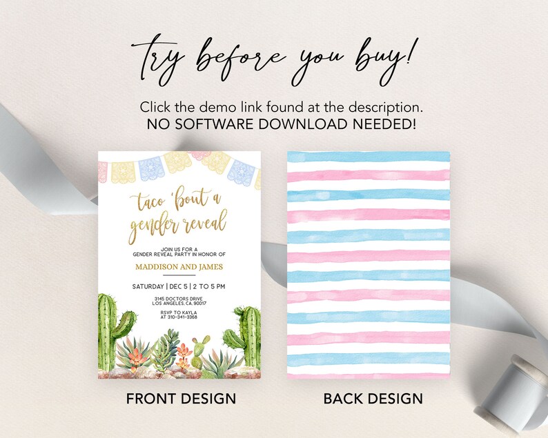 May include: A gender reveal party invitation with a cactus and succulent theme. The invitation features a colorful banner with the text "taco 'bout a gender reveal".