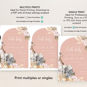 Puede incluir: Una invitaci&oacute;n de baby shower imprimible con un fondo rosa y un dise&ntilde;o semicircular. La invitaci&oacute;n presenta una jirafa, un elefante, una cebra y un le&oacute;n con un dise&ntilde;o floral. El texto de la invitaci&oacute;n dice "hello baby Samantha y Aiden".