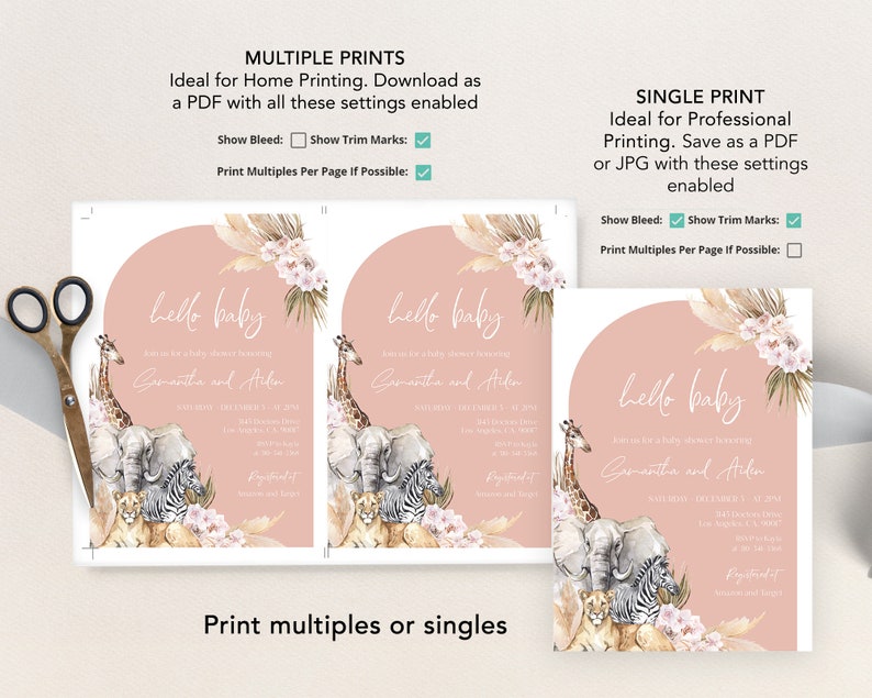 Puede incluir: Una invitaci&oacute;n de baby shower imprimible con un fondo rosa y un dise&ntilde;o semicircular. La invitaci&oacute;n presenta una jirafa, un elefante, una cebra y un le&oacute;n con un dise&ntilde;o floral. El texto de la invitaci&oacute;n dice "hello baby Samantha y Aiden".