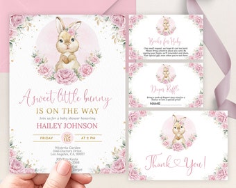 May include: A pink and white baby shower invitation with a cute bunny illustration and floral accents. The invitation reads "A sweet little bunny is on the way" and includes the name "Hailey Johnson".