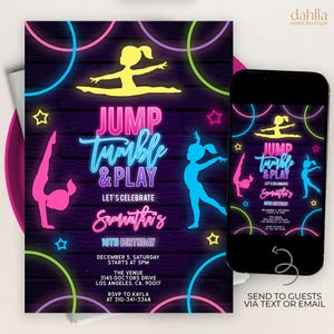 Neon Gymnastics Birthday Invitation, Jump Party Invite Template, Glow Neon Invite, Dancing, Girl Tween Birthday, Instant Download, KP118 image 1