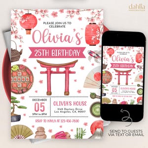 May include: A digital invitation for a 25th birthday party with a Japanese theme. The invitation features a pink and white watercolor design with cherry blossoms, a red torii gate, and a sushi platter. The text on the invitation reads "Please join us to celebrate Olivia's 25th Birthday." The invitation also includes the date, time, and location of the party.