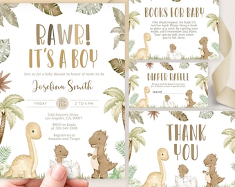 May include: A baby shower invitation with a dinosaur theme. The invitation features a green, brown, and white color scheme with illustrations of dinosaurs and palm trees. The text on the invitation reads "RAWR! It's a Boy" and includes the name "Joselina Smith".