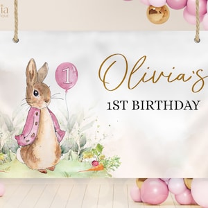 Sfondo di compleanno di Peter Rabbit, modello di banner festa coniglietto rustico EDITABILE, coniglietto flopsy 1° compleanno Decor, rosa, download istantaneo, KP059