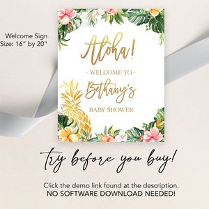 K&ouml;nnte beinhalten: Ein Willkommenszeichen f&uuml;r eine Babyparty mit tropischem Thema. Das Schild ist wei&szlig; mit goldenen Buchstaben und zeigt eine Ananas, Blumen und Bl&auml;tter. Der Text auf dem Schild lautet "Aloha! - Willkommen zur Babyparty von Bethany".