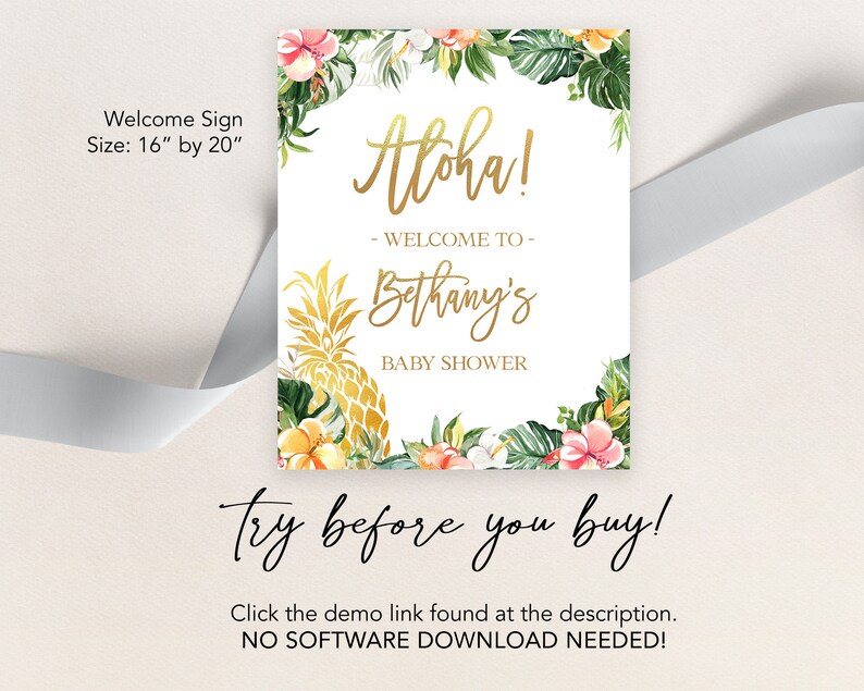 K&ouml;nnte beinhalten: Ein Willkommenszeichen f&uuml;r eine Babyparty mit tropischem Thema. Das Schild ist wei&szlig; mit goldenen Buchstaben und zeigt eine Ananas, Blumen und Bl&auml;tter. Der Text auf dem Schild lautet "Aloha! - Willkommen zur Babyparty von Bethany".
