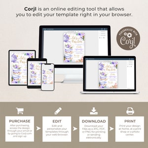 May include: A digital mockup showing how to edit and personalize a printable invitation template using the Corjl online editing tool. The invitation features a purple and gold teacup design with the text "Let's Partea".