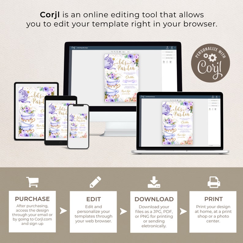 May include: A digital mockup showing how to edit and personalize a printable invitation template using the Corjl online editing tool. The invitation features a purple and gold teacup design with the text "Let's Partea".