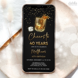 Invitación digital de cumpleaños de whisky, invitación móvil editable para hombres adultos, 30 40 50 cualquier edad, licor escocés de coñac, descarga instantánea, AP009