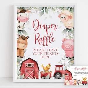 BEWERKBARE boerderij baby shower luier loterij teken & kaart, schuur dieren baby strooi banner, rode ranch Kid's Party decor, Instant Download BS113