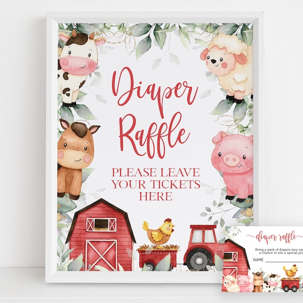 EDITABLE Farm Baby Shower Diaper Raffle Sign & Card, Barn Animals Baby Sprinkle Banner, Red Ranch Kid's Party Decor, Instant Download BS113