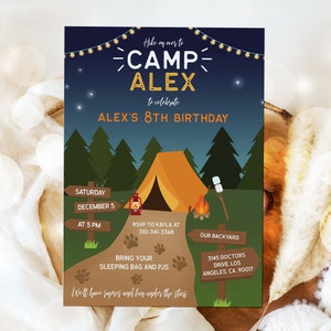 May include: A camping-themed birthday invitation for Alex's 8th birthday. The invitation features a cartoon illustration of a tent, campfire, and a starry night sky. It includes details about the date, time, location, and RSVP information. The text reads "Hike on over to Camp Alex to celebrate Alex's 8th Birthday. Saturday, December 5 at 5 PM. RSVP to Kayla at 310-341-3368. Our Backyard, 3145 Doctors Drive, Los Angeles, CA 90017. Bring your sleeping bag and PJs. We'll have smores and fun under the stars."