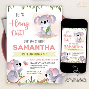 Koala Birthday Invitation, EDITABLE Cute Koala Bear Party Invite Template, Baby Pink Girl Birthday Digital Invite, Instant Download, KP345