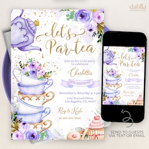 Convite de aniversário EDITÁVEL para festa de chá, modelo de convite para chá par roxo e dourado, festa de chá extravagante, chá floral, download instantâneo KP056