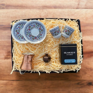 Turkish Greek Coffee Full Set with Cups Saucers Tray and Traditional Handmade Copper Coffee Pot, Best Gifts for Dad