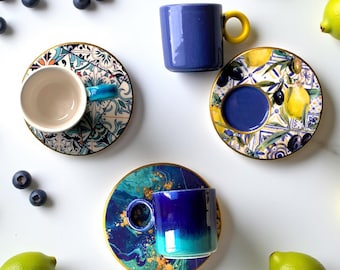 Handcrafted Ceramic Espresso Cup and Saucer Set, Hosting Decor Mugs, Gift for Coffee Lovers