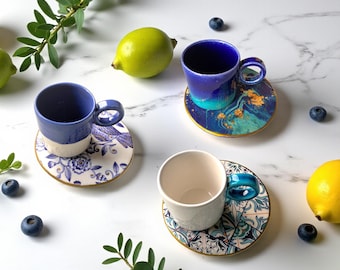 Luxury Handcrafted Espresso Cups and Saucers, Small Ceramic Coffee Mugs for Hosting Decor, Italian Style Pottery Gift for Coffee Lovers