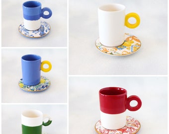 Coffee Mug Set with Saucer 6.75oz, Unique Gift for the Home, Coffee Cup, Ceramic Handmade Coffee Mugs, Espresso Cup Set, Couple Mug