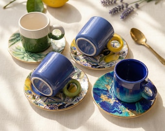 Mediterranean Style Ceramic Espresso Cup and Saucer 2.5oz, Mothers Day Gift Set