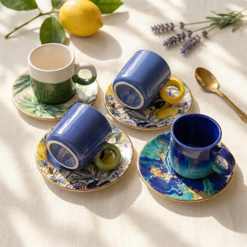 Four different styled handmade ceramic espresso cups clustered together on a linen tablecloth, showing a mix and match collection.