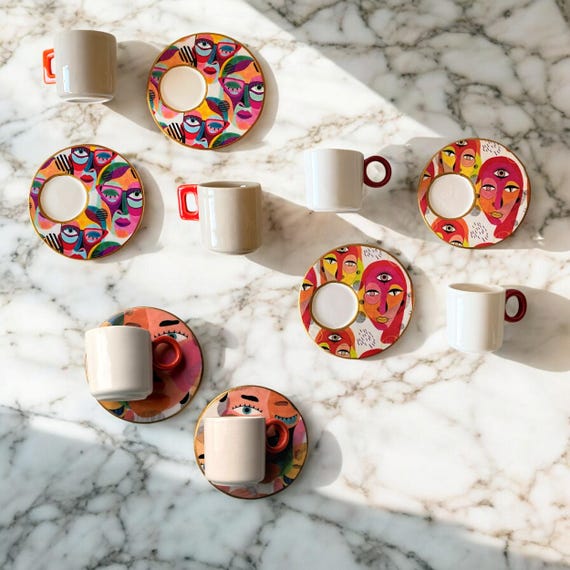 Handgetöpferte Keramik Espresso Tassen Set: Bunte Kunst Untertassen, Einzigartiges Kaffee Geschenk