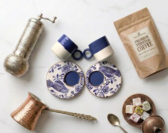 Turkish Coffee Set Copper Cezve Silver Grinder Ceramic Espresso Cups Mothers Day Gift