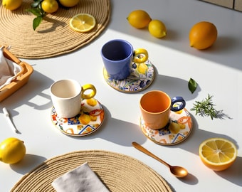 Lemon Coffee Cup Set, Colorful Mediterranean Ceramic Mugs with Saucers, Boho Coffee Gift for Her or Hostess, Gift for Mother, Hosting Decor