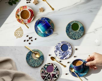 Türkisches Kaffeetassen-Set, Keramik-Espressotassen-Set, Kaffeeliebhaber Geschenk, Traditionelle Espressotasse handgefertigt, Einweihungsparty-Geschenk für Zuhause