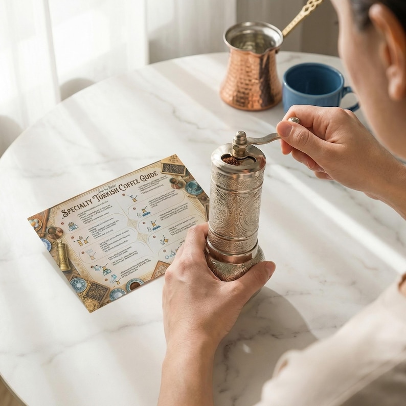 Hands using a traditional ornate silver manual coffee grinder on a white marble table next to an informative Specialty Turkish Coffee Guide card.
