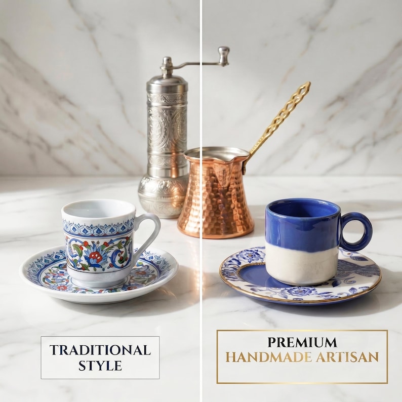 May include: Two coffee cups and saucers with floral designs, alongside a copper coffee pot and a silver coffee grinder. One cup is blue and white, the other is white with blue and red accents. The text reads "Traditional Style" and "Premium Handmade Artisan."